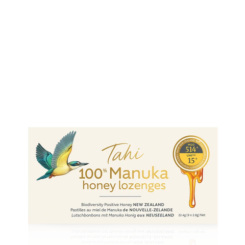 manuka honey lozenges box with a beautiful bird and a medicinal-looking box. Manuka lozenges certified UMF 15+, pack of 8